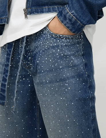 Relaxed Fit Belted Blue Washed Jeans