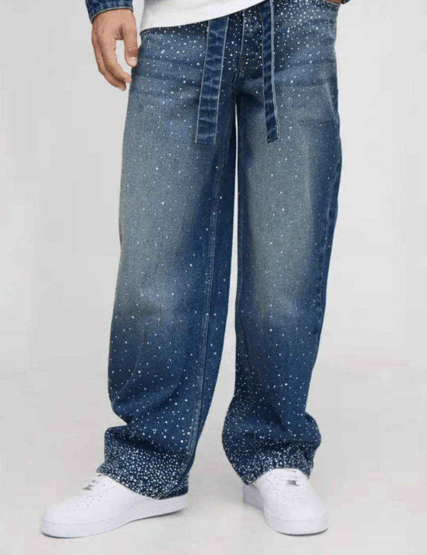 Relaxed Fit Belted Blue Washed Jeans