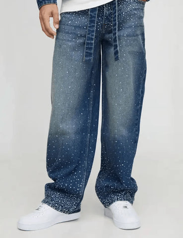 Relaxed Fit Belted Blue Washed Jeans