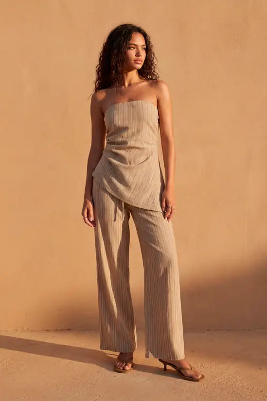 Drawstring Linen Look Stripe Trouser