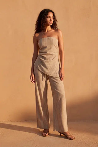 Drawstring Linen Look Stripe Trouser